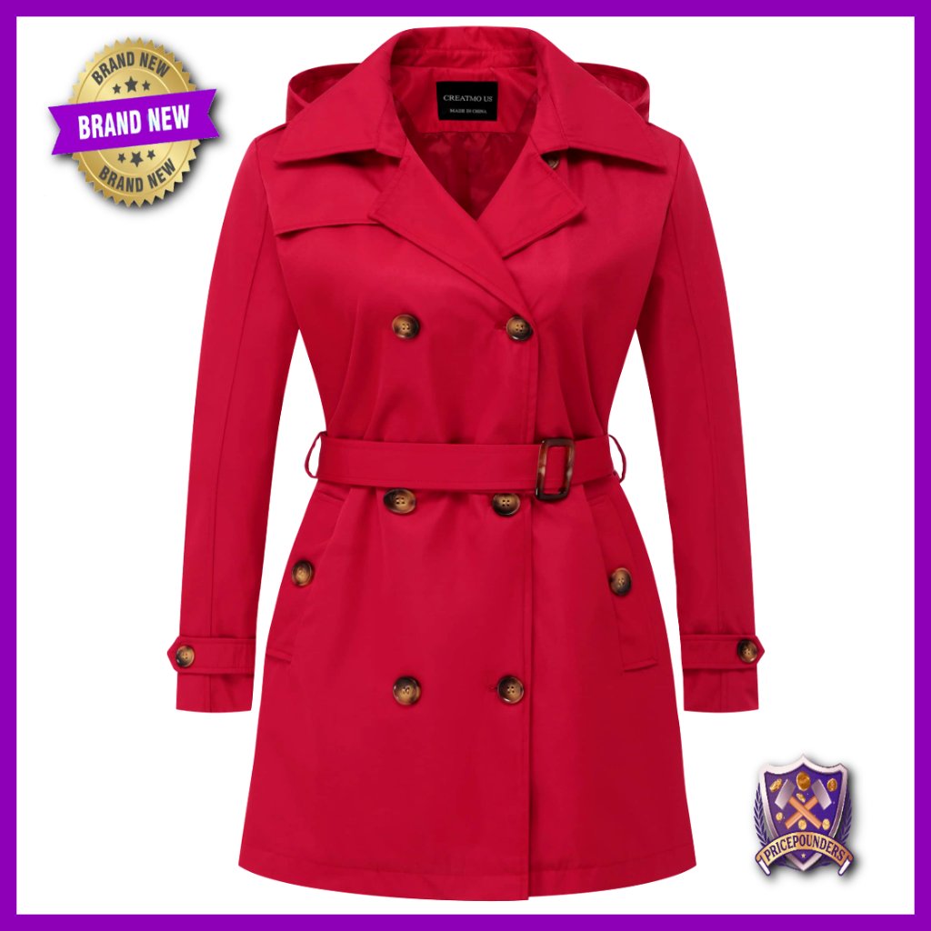 Plus Size Trench Coat Double-Breasted Classic Belted Outerwear Detachable Hood